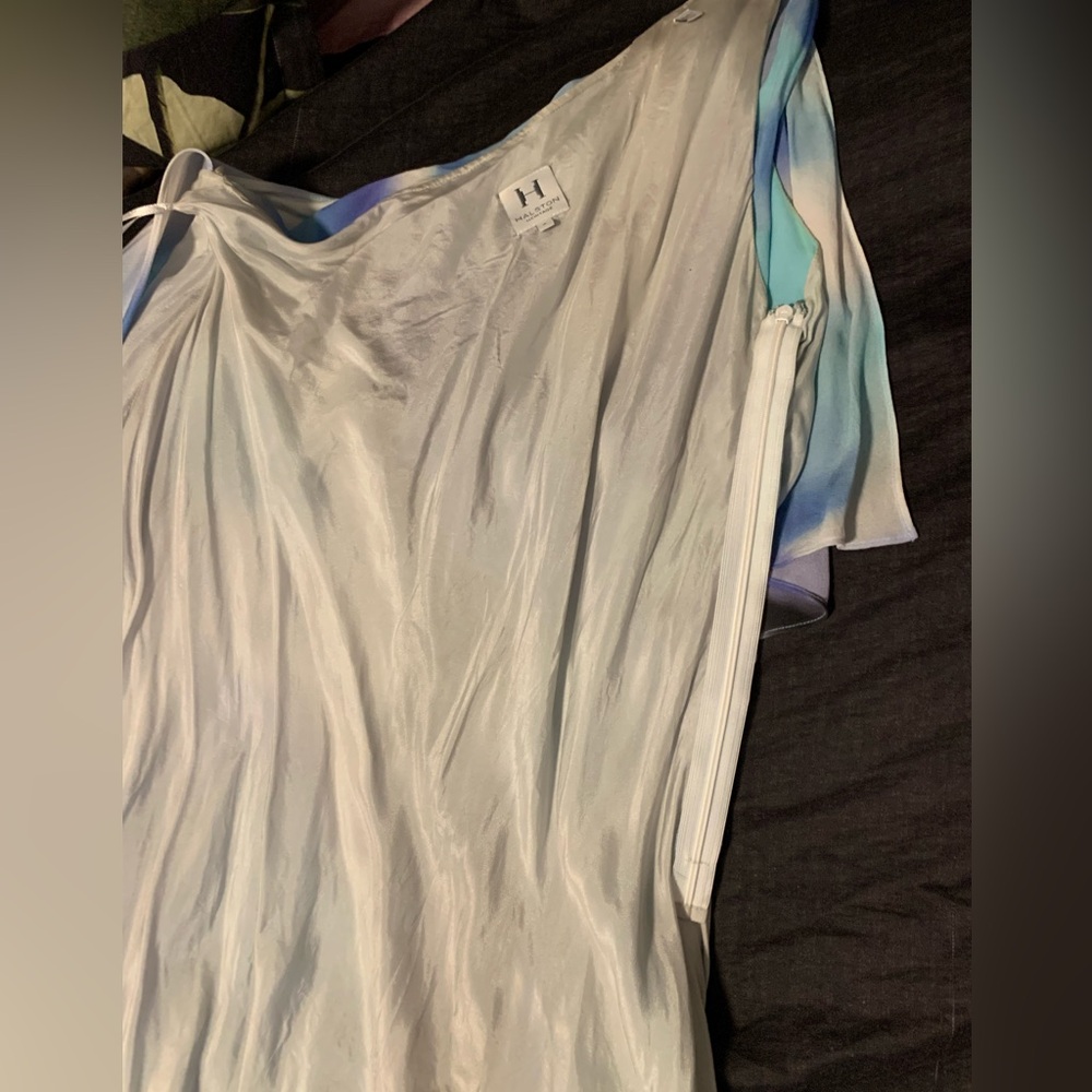 Halston Heritage Galaxy Blue One Shoulder Tiered Asymmetric Dress 8 - Picture 8 of 13